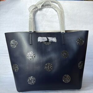 Kate Spade Little Len Glitter Polka Dot Large NAVY BLUE Travel Tote Bag